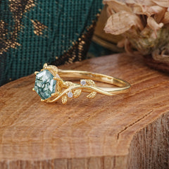 Luxury Nature-Inspired 6 Prong Hexagonal Natural Moss Agate Engagement Ring