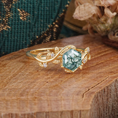 Luxury Nature-Inspired 6 Prong Hexagonal Natural Moss Agate Engagement Ring