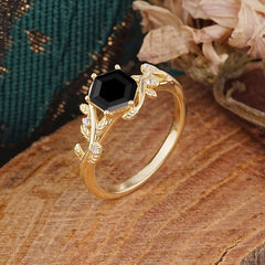 Luxury Nature-Inspired 6 Prong Hexagonal Black Onyx Engagement Ring
