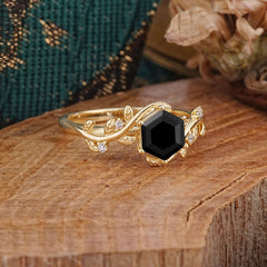 Luxury Nature-Inspired 6 Prong Hexagonal Black Onyx Engagement Ring