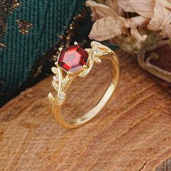 Luxury Nature-Inspired 6 Prong Hexagonal Garnet Engagement Ring