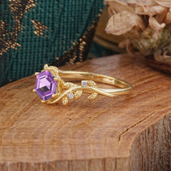 Luxury Nature-Inspired 6 Prong Hexagonal Natural Amethyst Engagement Ring