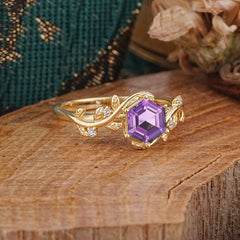 Luxury Nature-Inspired 6 Prong Hexagonal Natural Amethyst Engagement Ring