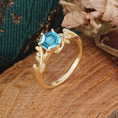 Luxury Nature-Inspired 6 Prong Hexagonal Aquamarine Engagement Ring