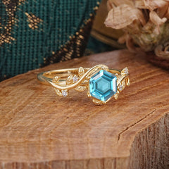 Luxury Nature-Inspired 6 Prong Hexagonal Aquamarine Engagement Ring