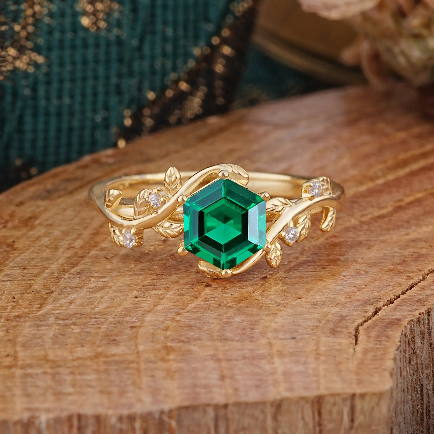 Luxury Nature-Inspired 6 Prong Hexagonal Emerald Engagement Ring - Romalar Jewelry