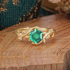 Luxury Nature-Inspired 6 Prong Hexagonal Emerald Engagement Ring