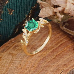 Luxury Nature-Inspired 6 Prong Hexagonal Emerald Engagement Ring