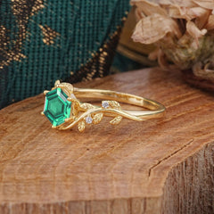 Luxury Nature-Inspired 6 Prong Hexagonal Emerald Engagement Ring