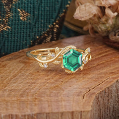 Luxury Nature-Inspired 6 Prong Hexagonal Emerald Engagement Ring