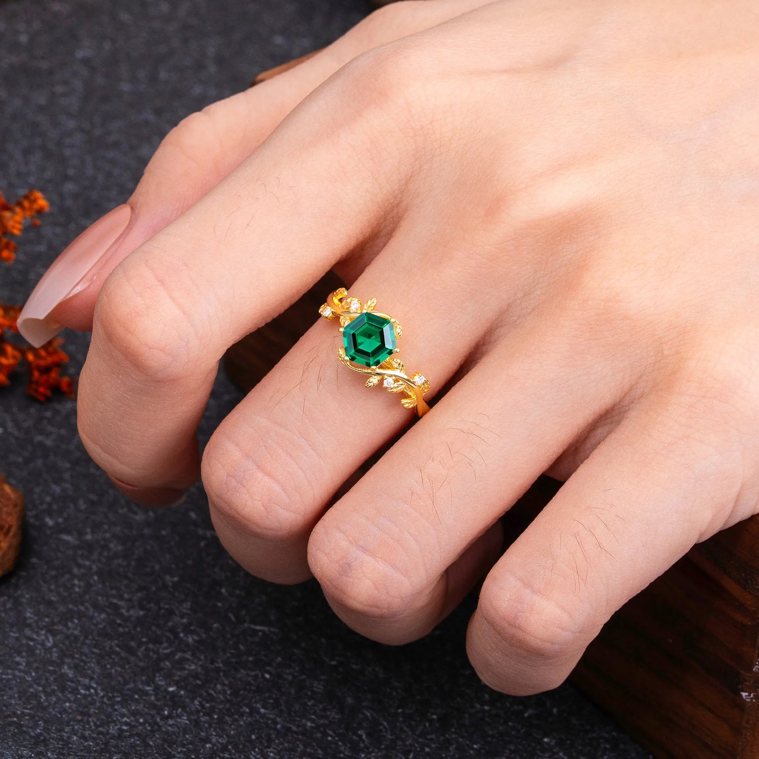 Luxury Nature-Inspired 6 Prong Hexagonal Emerald Engagement Ring - Romalar Jewelry