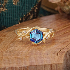 Luxury Nature-Inspired 6 Prong Hexagonal Alexandrite Engagement Ring