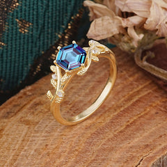 Luxury Nature-Inspired 6 Prong Hexagonal Alexandrite Engagement Ring