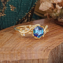Luxury Nature-Inspired 6 Prong Hexagonal Alexandrite Engagement Ring
