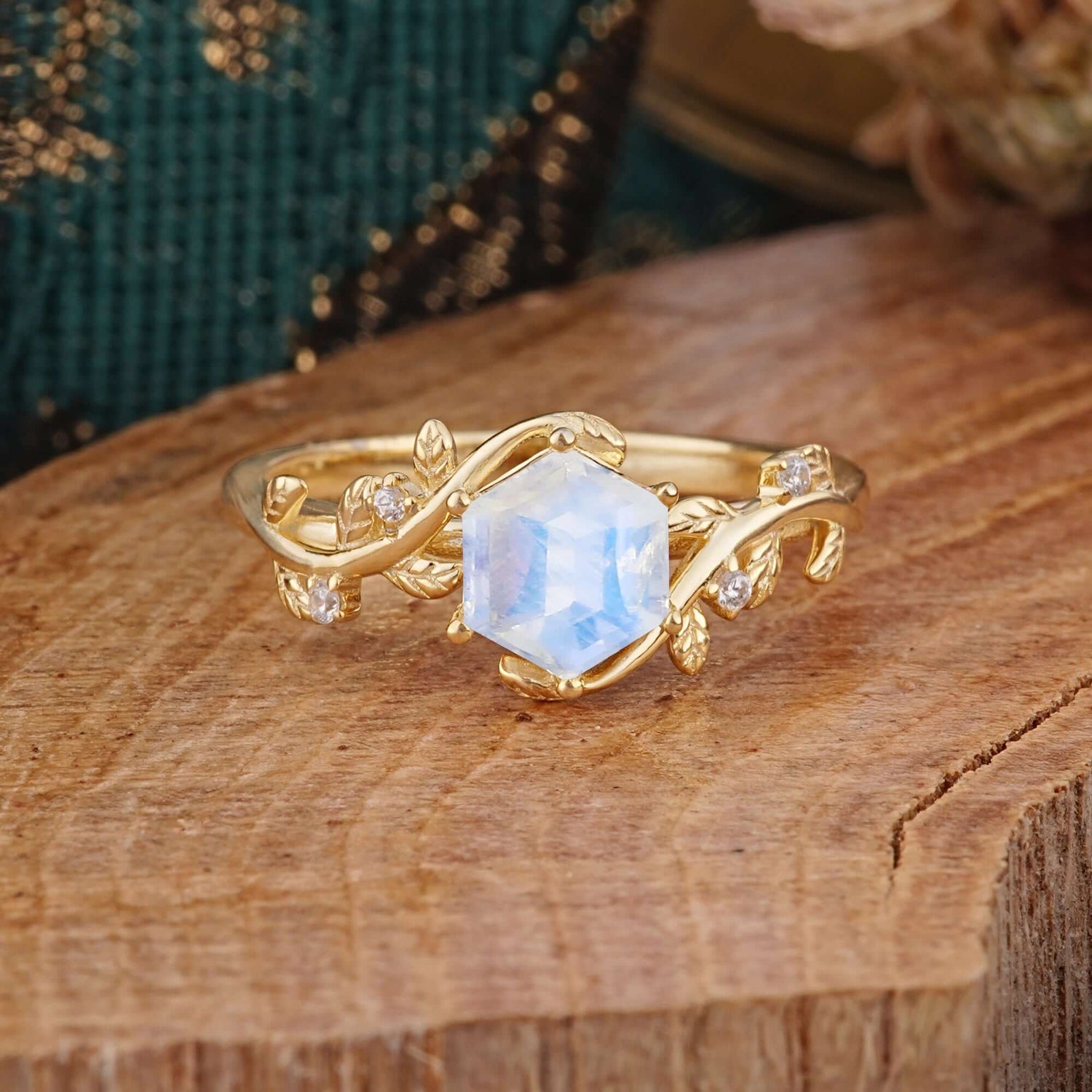 Luxury Nature-Inspired 6 Prong Hexagonal Moonstone Engagement Ring - Romalar Jewelry