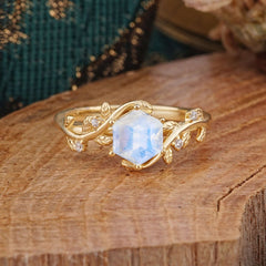 Luxury Nature-Inspired 6 Prong Hexagonal Moonstone Engagement Ring