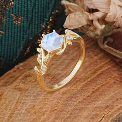 Luxury Nature-Inspired 6 Prong Hexagonal Moonstone Engagement Ring