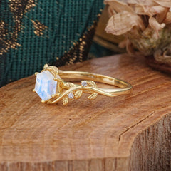 Luxury Nature-Inspired 6 Prong Hexagonal Moonstone Engagement Ring