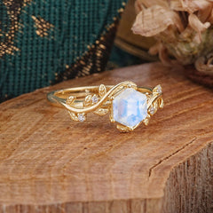 Luxury Nature-Inspired 6 Prong Hexagonal Moonstone Engagement Ring