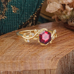 Luxury Nature-Inspired 6 Prong Hexagonal Ruby Engagement Ring