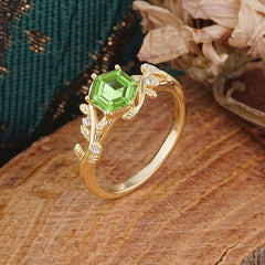 Luxury Nature-Inspired 6 Prong Hexagonal Peridot Engagement Ring