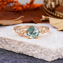 Heirloom-Grade 4 Prong Round Cut Natural Moss Agate Diamond Ring