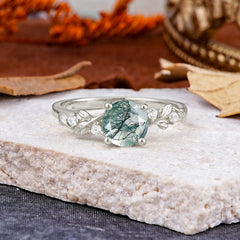 Heirloom-Grade 4 Prong Round Cut Natural Moss Agate Diamond Ring