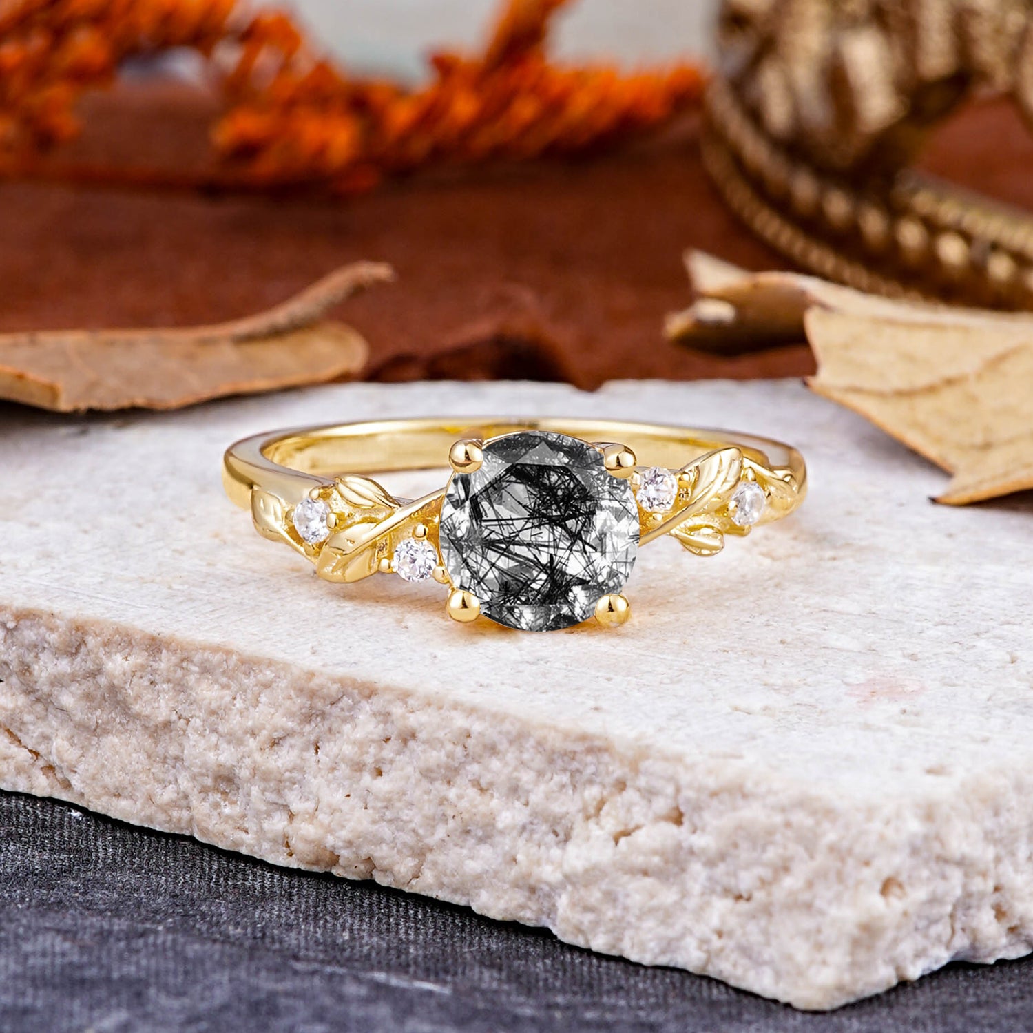 Heirloom-Grade 4 Prong Round Cut Black Rutilated Quartz Engagement Ring