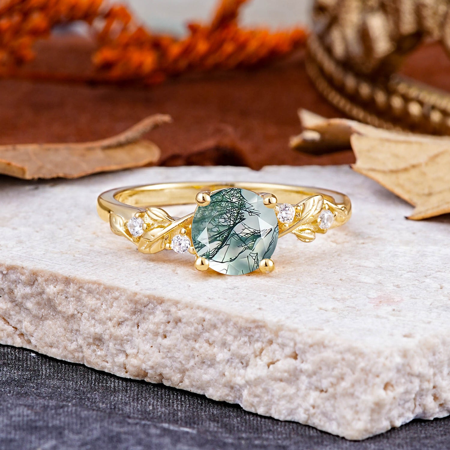 Heirloom-Grade 4 Prong Round Cut Natural Moss Agate Engagement Ring
