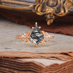 Luxury Nature-Inspired Kite-Cut Black Rutilated Quartz Engagement Ring