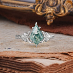 Luxury Nature-Inspired Kite-Cut Natural Moss Agate Engagement Ring