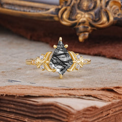 Luxury Nature-Inspired Kite-Cut Black Rutilated Quartz Engagement Ring