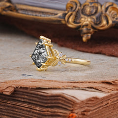 Luxury Nature-Inspired Kite-Cut Black Rutilated Quartz Engagement Ring