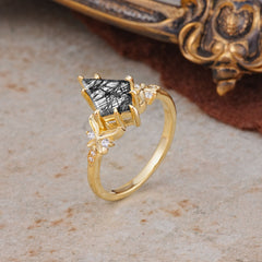 Luxury Nature-Inspired Kite-Cut Black Rutilated Quartz Engagement Ring