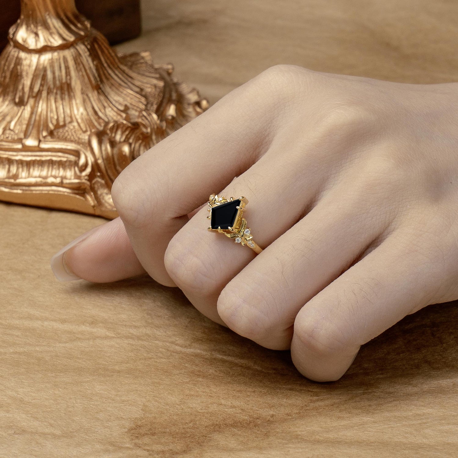 Luxury Nature-Inspired Kite-Cut Black Onyx Engagement Ring - Romalar Jewelry