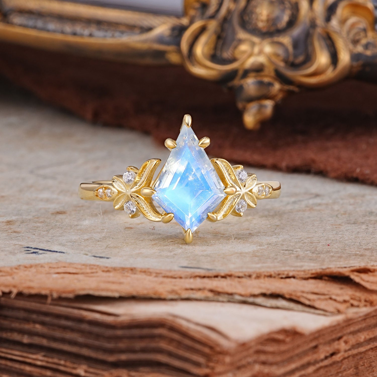Luxury Nature-Inspired Kite-Cut Moonstone Engagement Ring - Romalar Jewelry