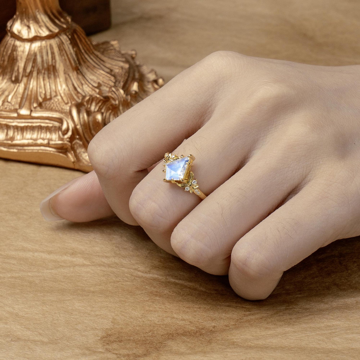 Luxury Nature-Inspired Kite-Cut Moonstone Engagement Ring - Romalar Jewelry