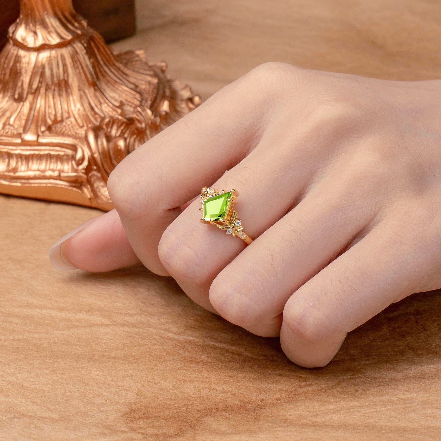 Luxury Nature-Inspired Kite-Cut Peridot Engagement Ring