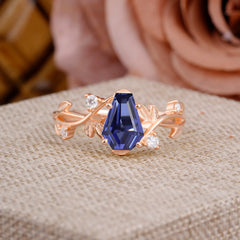 Nature Inspired 4 Prong Coffin-Cut Tanzanite Engagement Ring