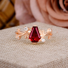 Nature Inspired 4 Prong Coffin-Cut Ruby Engagement Ring