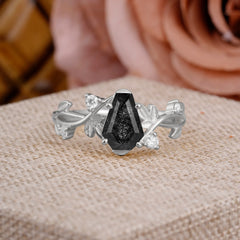 Nature Inspired 4 Prong Coffin-Cut Black Rutilated Quartz Engagement Ring