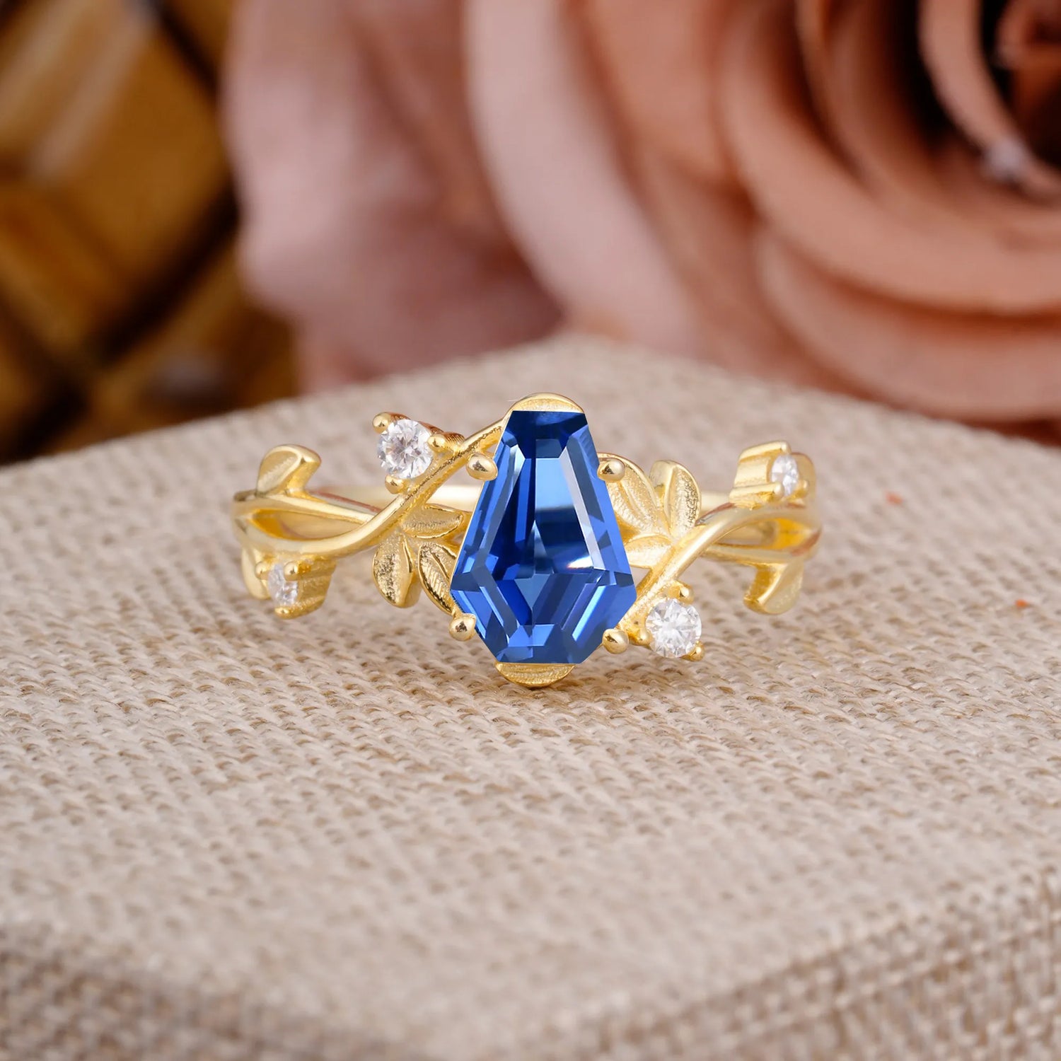 Nature Inspired 4 Prong Coffin-Cut Sapphire Engagement Ring