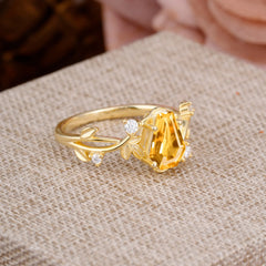 Nature Inspired 4 Prong Coffin-Cut Citrine Engagement Ring