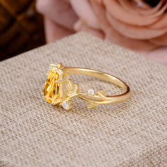 Nature Inspired 4 Prong Coffin-Cut Citrine Engagement Ring