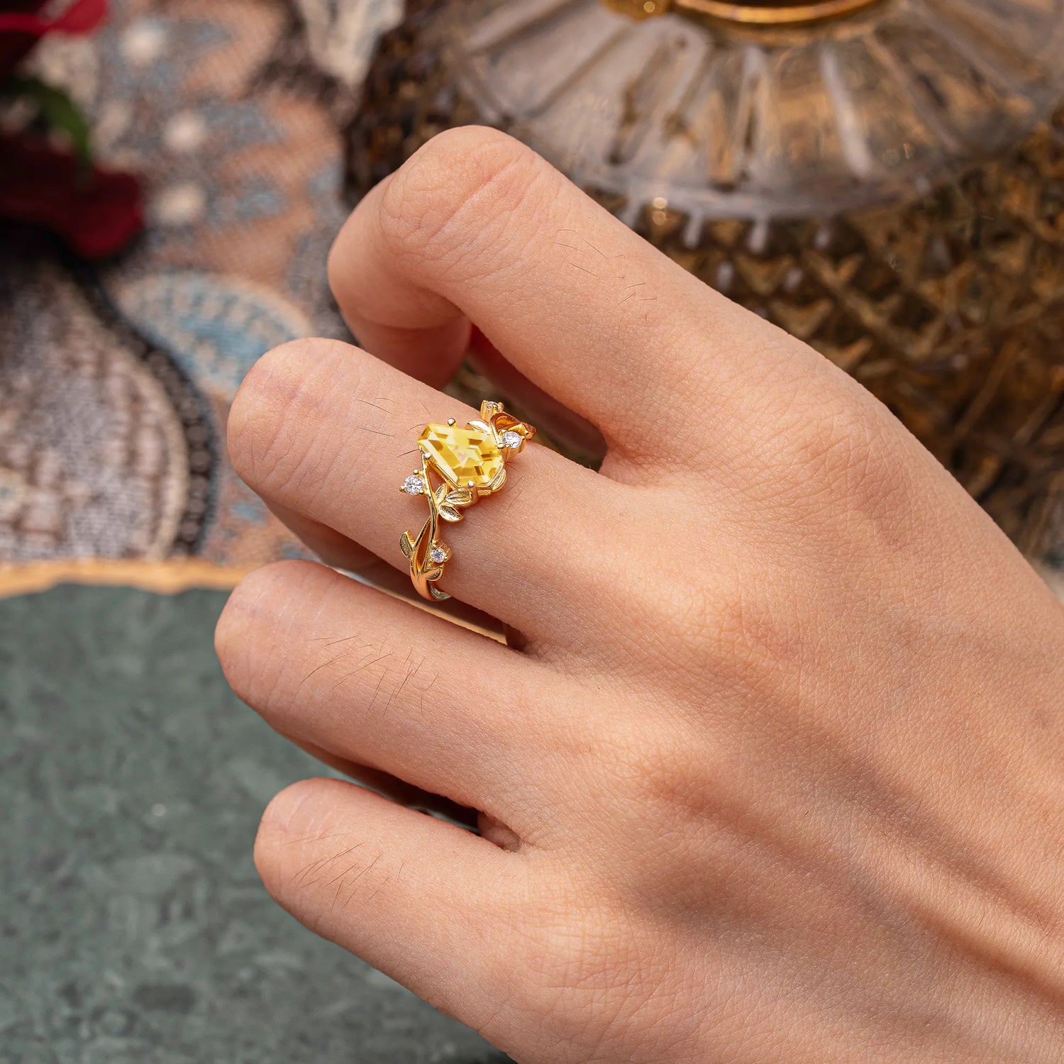 Nature Inspired 4 Prong Coffin-Cut Citrine Engagement Ring