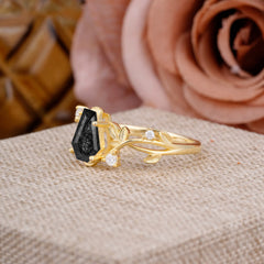 Nature Inspired 4 Prong Coffin-Cut Black Rutilated Quartz Engagement Ring