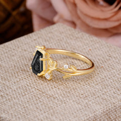 Nature Inspired 4 Prong Coffin-Cut Black Rutilated Quartz Engagement Ring