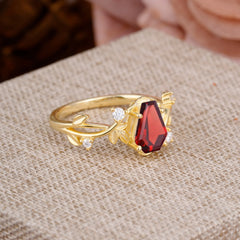 Nature Inspired 4 Prong Coffin-Cut Natural Garnet Engagement Ring