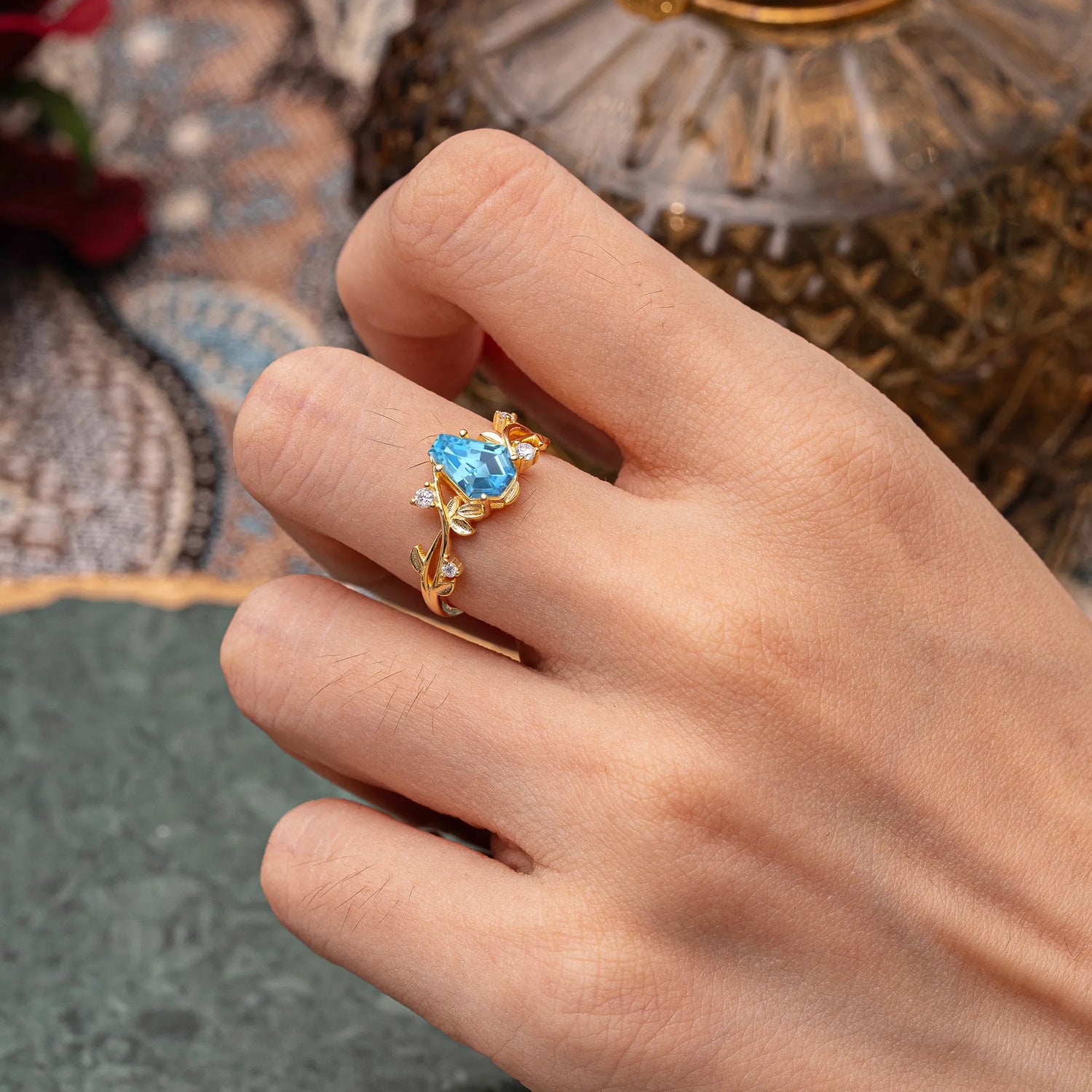 Nature Inspired 4 Prong Coffin-Cut Aquamarine Engagement Ring