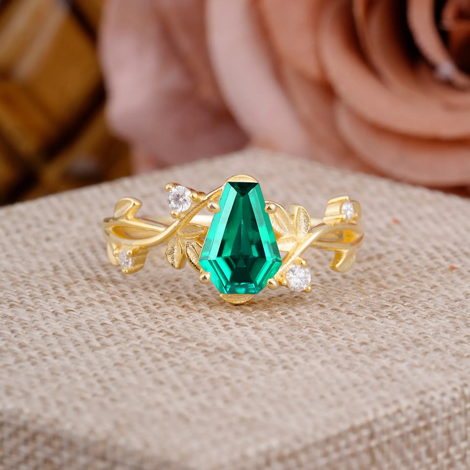 Nature Inspired 4 Prong Coffin-Cut Emerald Engagement Ring